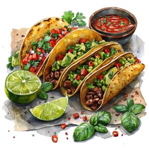 Taco PNG Clipart, 12x Mexican Food Clip Art Set, Printable Watercolor Taco Clipart, Transparent PNG, Digital Download, Fiesta Party Decor image 7