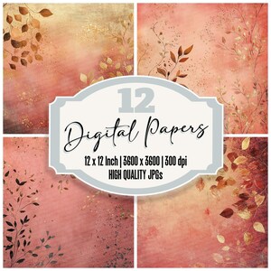 12x Rose Gold Junk Journal Paper Digitaal papierpakket Herfstbladeren Afdrukbare achtergronden Hoge kwaliteit JPG's Scrapbookpapier
