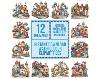 12 Fairy Tale Village Clipart, Watercolor Fantasy Houses Clipart, Printable Watercolor Clipart, Paper Crafts, Wall Art, Digital Download