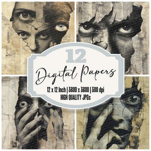 12x Ritratto strappato Carta da giornale spazzatura Carta digitale surreale Confezione JPG di alta qualità Texture grunge Carta stampabile Sfondo per album