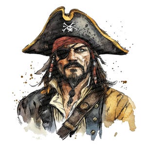 Puede incluir: Una ilustración de acuarela de un pirata con un parche en el ojo negro, una bandana roja y un sombrero de pirata negro y dorado con un diseño de calavera y huesos cruzados. El pirata tiene una barba larga y cabello largo y castaño. El fondo es una acuarela de marrón y blanco.