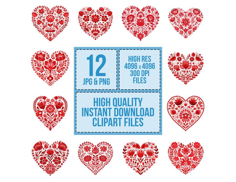 Romantic Folk Art Heart Clipart, 12 High-quality PNG/JPG, Printable ...