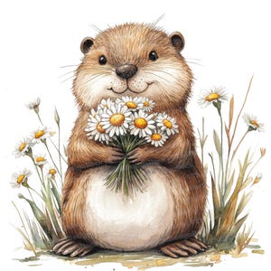 12x Beaver Holding Flowers Clipart, Woodland Beaver Clipart, Printable Watercolor Clipart, High Quality JPG, Digital Download, Paper Crafts