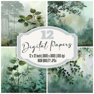 May include: A collection of four digital papers with a nature theme. The papers showcase images of trees, foliage, and a misty forest in shades of green, grey, and brown. The text "12 Digital Papers" is displayed in a decorative frame, along with the dimensions and resolution.
