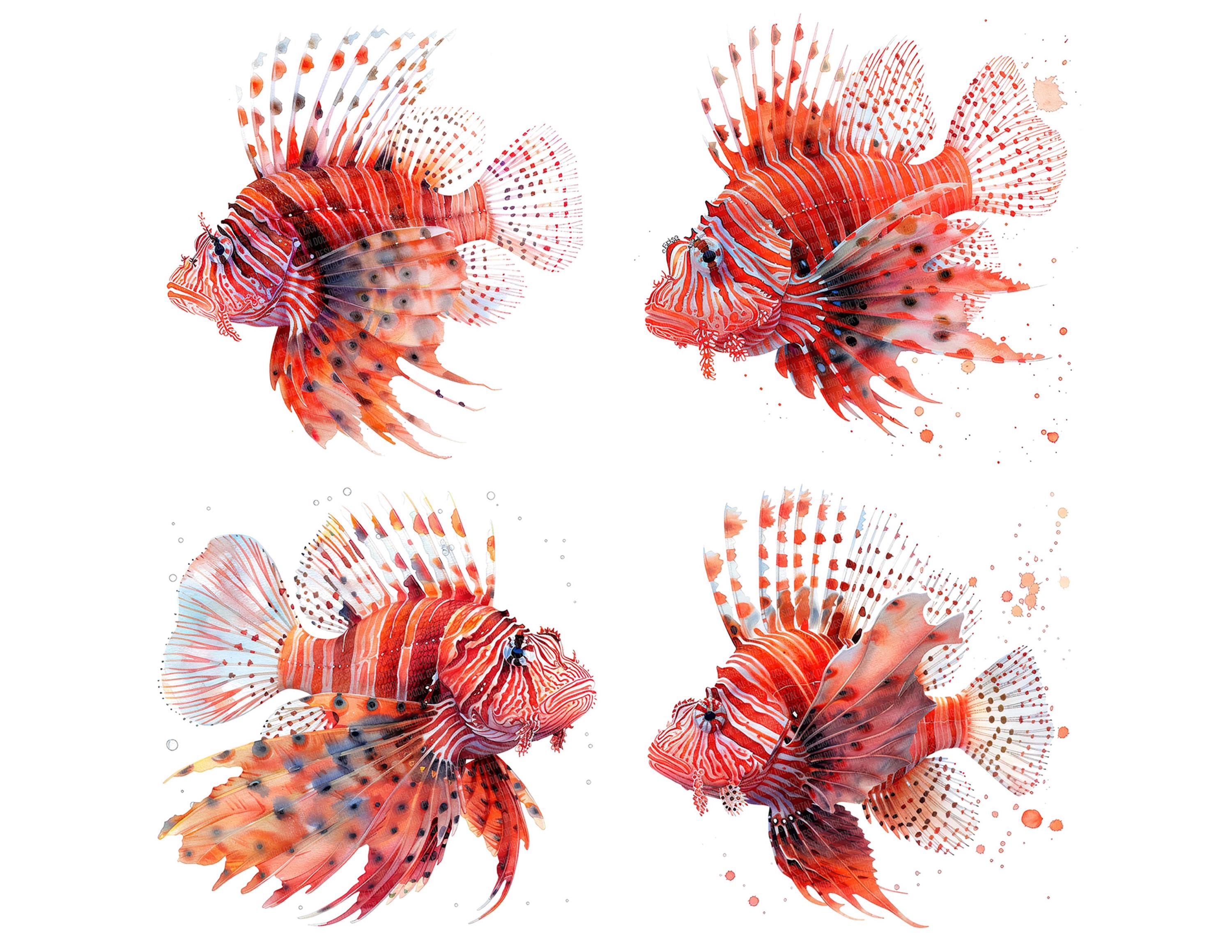 ネイチャーアート「ミノカサゴ」　水彩画 ライオンフィッシュ PNG クリップアート、雄大な海の魚のクリップ