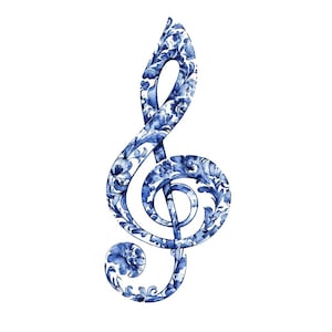 Delft Blue Music Clef Clipart, 12x Watercolor Music Note PNG Set, Printable Clip Art, Digital Download, Paper Crafts, Junk Journals