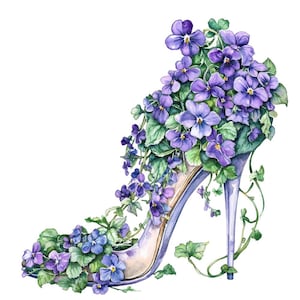 12x Kwiatowy wypełniony wysoki obcas Clipart, Fiołki i Bluszcz Wysoki obcas butów Clip Art Set, Pobieranie cyfrowe, Bez tła PNG, Junk Journal