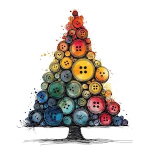 May include: A watercolour illustration of a Christmas tree formed from colourful buttons. The buttons are in shades of red, orange, yellow, green, and blue, with black buttonholes. The tree has a sketched trunk against a white background.