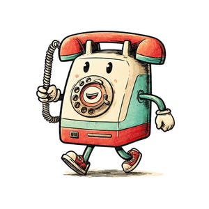 May include: Cartoon illustration of a vintage telephone with a smiling face, arms, and legs. The phone is red, cream, and teal, with red sneakers and a coiled cord held in a gloved hand. The phone is walking.
