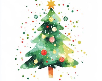 12x Watercolor Christmas Tree Clip Art, Abstract Holiday Tree PNG Set, Festive Green and Orange Design, Printable Clip Art, High Quality PNG