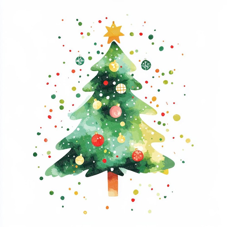 12x Aquarell Weihnachtsbaum Clip Art, abstrakter Weihnachtsbaum PNG-Set, festliches Grün und Orange Design, druckbare Clip Art, hochwertige PNG Bild 1