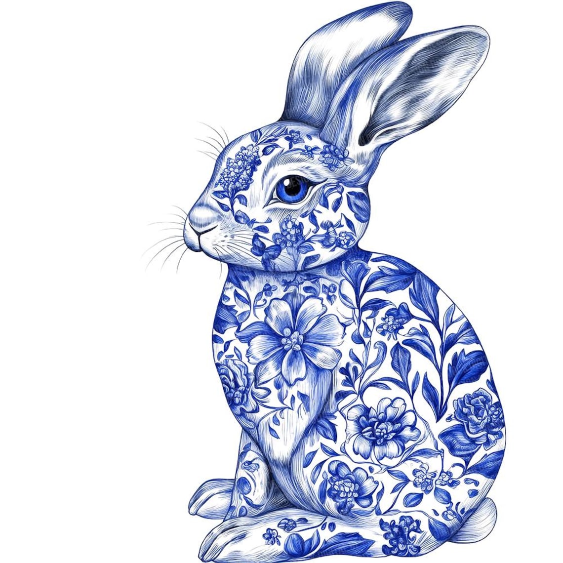 Delft Blue Rabbit Clipart, 12x Watercolor Bunny PNG Set, Floral Rabbit ...
