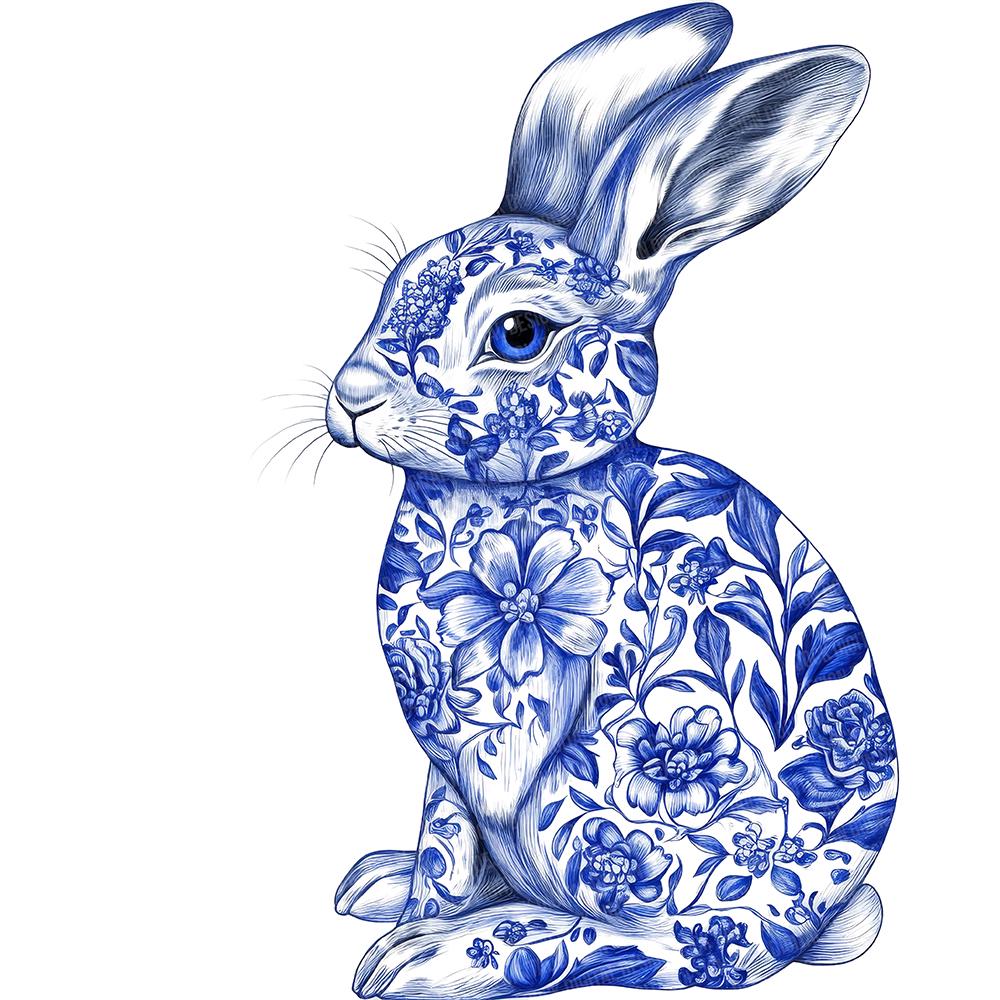 Delf Blue Rabbit Delft Blue Rabbit Clipart, 12x Watercolor Bunny PNG Set, Floral Rabbit ...