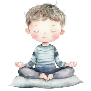 Meditazione Clip Art per bambini, 12x set di clipart per bambini di yoga, clipart stampabili ad acquerello, calma consapevolezza, download digitale, decorazioni per la cameretta dei bambini