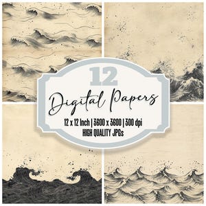 Puede incluir: Conjunto de 12 papeles digitales con un diseño de olas de mar de estilo vintage. Los papeles miden 30,48 cm por 30,48 cm y tienen una resolución de 3600 píxeles por 3600 píxeles. Los papeles son de 300 ppp y son JPG de alta calidad.