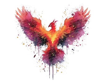 Rainbow Phoenix PNG Clipart, 12x Color Splash Fire Bird Art, Printable Fantasy Clip Art, Transparent PNG, Digital Download, Mythical Decor
