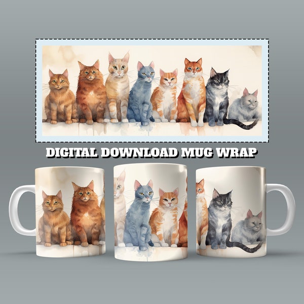 Watercolour Cat Mug Wrap, 11oz & 15 Oz Mug Sublimation Design, Colourful Cat Kitten Mug Sublimation, 11oz Mug Png, 15oz Mug PNG