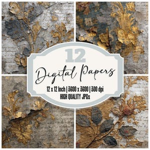 Puede incluir: Cuatro papeles digitales con un aspecto texturizado y envejecido. Cada uno presenta diseños florales y de hojas doradas y grises, con toques de azul y marrón. El texto central dice "12 Digital Papers", con dimensiones de 30,48 x 30,48 cm.