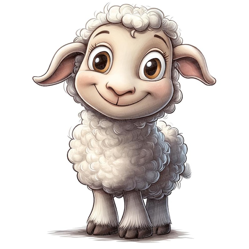 May include: A cartoon illustration of a white sheep with a fluffy coat and big brown eyes. The sheep is smiling and looking directly at the viewer.