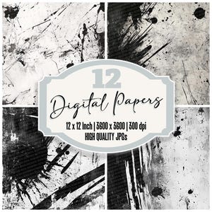 Puede incluir: Doce papeles digitales con texturas grunge abstractas en blanco y negro. Cada papel mide 30,48 cm por 30,48 cm y tiene una resolución de 3600 x 3600 píxeles a 300 ppp.