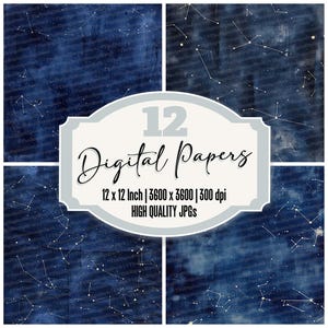 12x Constellation Junk Journal Paper, Celestial Digital Paper Pack, Deep Blue Starry Night Background, High Quality JPGs, Scrapbook Paper