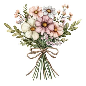 May include: A watercolour painting of a bouquet of pink, white and light blue flowers with green leaves tied together with twine.