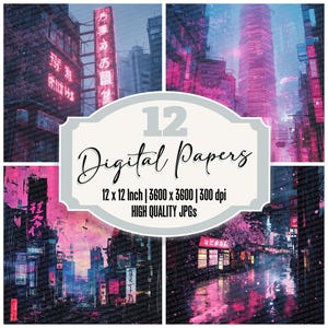 Paquete de 12 papeles digitales Tokyo Neon Junk Journal Paper Sakura con texturas ciberpunk japonesas, fondos de ciudad nocturna, archivos JPG de alta calidad.