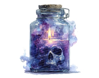 Haunted Skull Clipart, 12x Halloween Jar Clip Art Set, Printable Watercolor Clip Art, Paper Crafts, JPG Digital Download, Transparent PNG