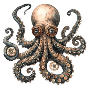 Op de afbeelding: Een steampunk-achtige octopus met ingewikkelde tandwielen en tandwielen op zijn tentakels. De octopus is geschilderd in aquarel met een bruin en zwart kleurenschema.
