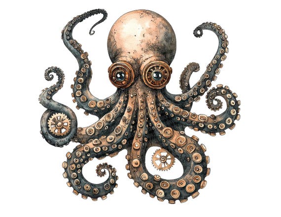 Steampunk Octopus PNG Clipart, 12x Mechanical Kraken Clip Art Set,Printable Watercolor Cephalopod Illustration,Paper Crafts,Digital Download