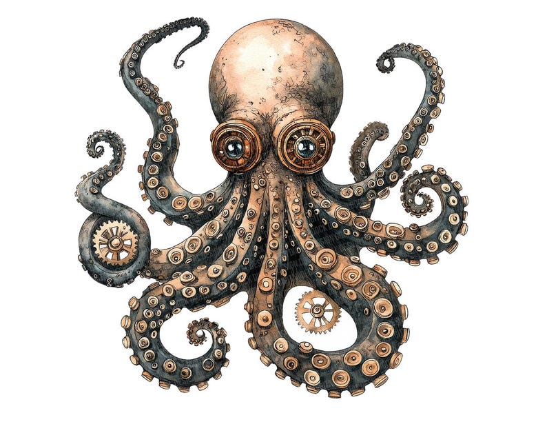 Op de afbeelding: Een steampunk-achtige octopus met ingewikkelde tandwielen en tandwielen op zijn tentakels. De octopus is geschilderd in aquarel met een bruin en zwart kleurenschema.