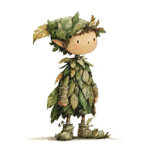 May include: A whimsical watercolor illustration of a forest sprite. The sprite is adorned with a leafy headdress, tunic, and boots, all in shades of green and brown. The character has a simple, endearing face and stands on a white background.