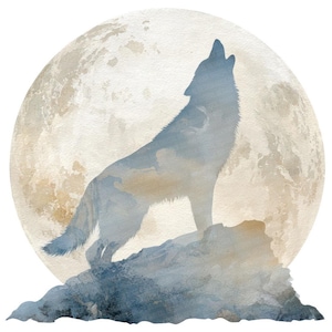 May include: Watercolor painting of a howling wolf silhouette against a full moon. The wolf is perched on a rocky outcrop, with the moon in the background. The artwork uses shades of blue, gray, and beige.