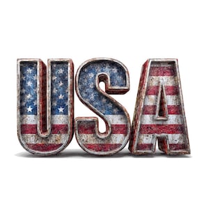 May include: The word "USA" in large, three-dimensional letters. The letters are textured with the American flag design, featuring red and white stripes and blue fields with white stars. The letters have a weathered, metallic appearance.