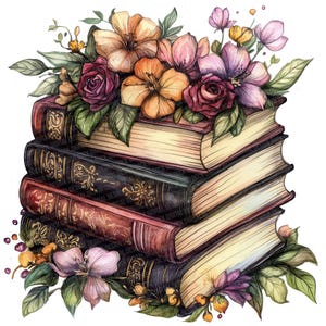 Floral Book Stack PNG Clip Art, 12x Books With Flowers Clipart Set ...