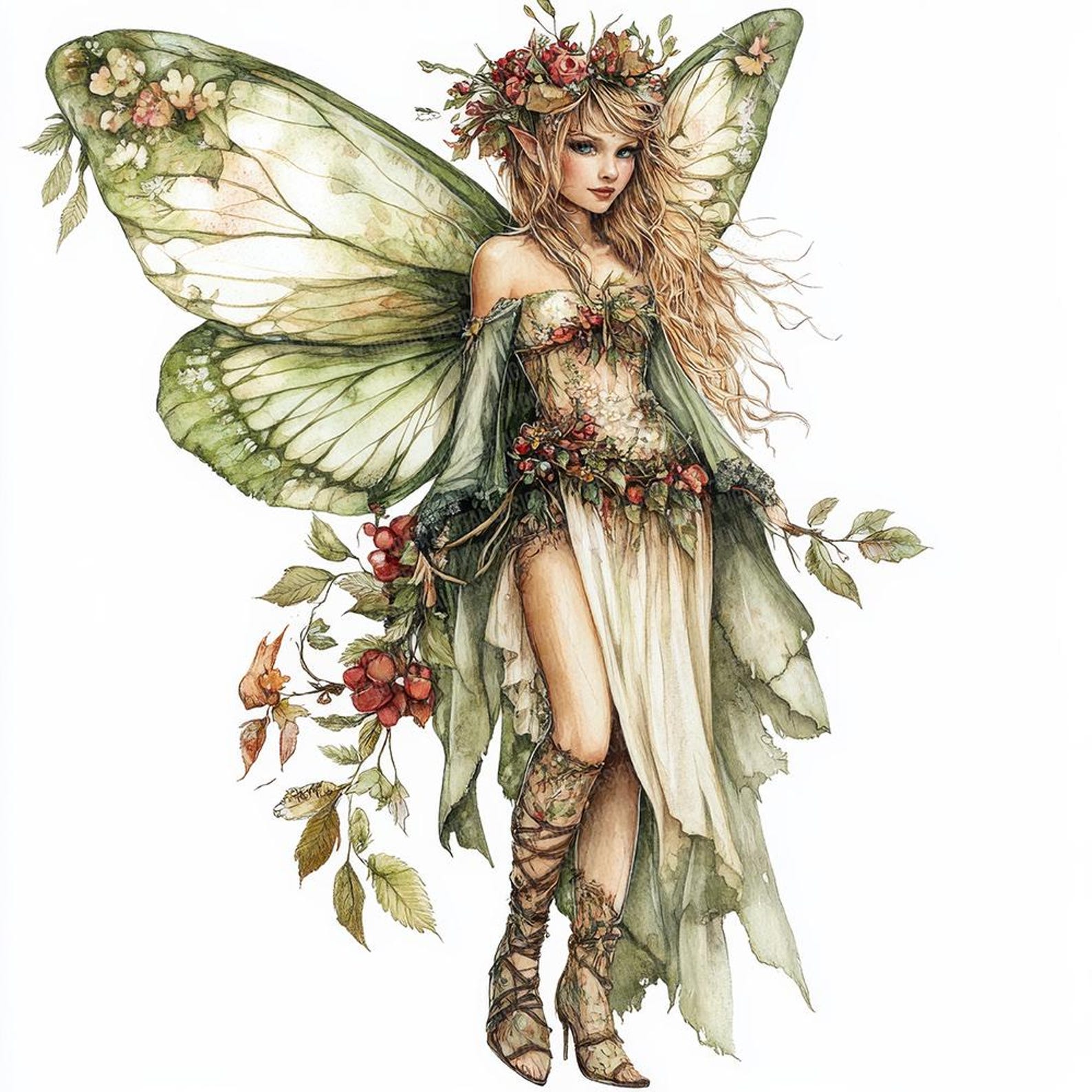 Watercolor Fairy PNG Clip Art, 12x Forest Fairy Clipart Set, Green Leaf ...