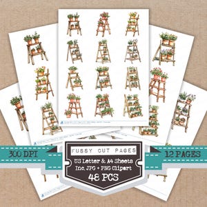 May include: Watercolor illustrations of potted plants on wooden ladder shelves are printed on white paper. The image includes the text "Fussy Cut Pages", "US Letter & A4 Sheets", "Inc. JPG + PNG Clipart", "48 PCS", and "12 PAGES".