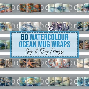 60x Watercolor Ocean PNG Mug Wraps for 11oz 15oz Sublimation Mug Bulk Bundle Downloads PNG Sea Design Digital Mega Dolphin Custom Design