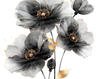 Abstract Flowers Clipart, 12 JPGs, Black & White Clip Art, Printable Image, Illustration, Wall Art,Digital Download, Junk Journals, Graphics