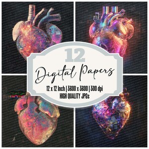 12 x Crystal Heart Glitch Junk Journal Paper Pack de papier numérique JPG de haute qualité Papier de scrapbooking futuriste Texture en détresse numérique