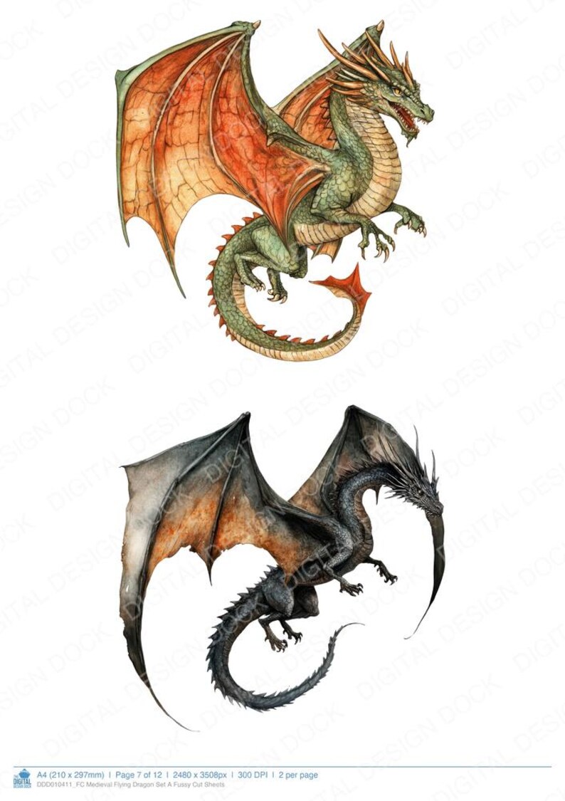 Medieval Flying Dragon Fussy Cut Sheets, 12x Printable Fantasy Pages ...