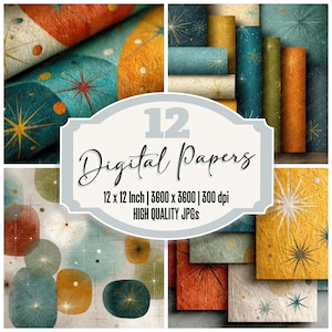 Puede incluir: Una colección de 12 papeles digitales con diseños retro. Los papeles presentan formas geométricas, explosiones de estrellas y patrones abstractos en verde azulado, naranja y dorado. Cada papel mide 30,48 x 30,48 cm y es de alta calidad.
