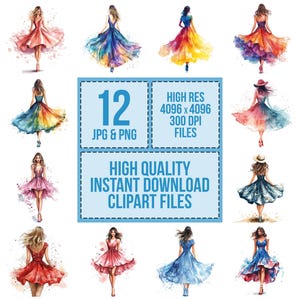 Ilustracja mody PNG Clipart, 12x zestaw akwarelowych sukienek Clip Art, Elegancka sztuka mody, Wydrukowalne Clip Art, Pobieranie cyfrowe, Album ze zdjęciami