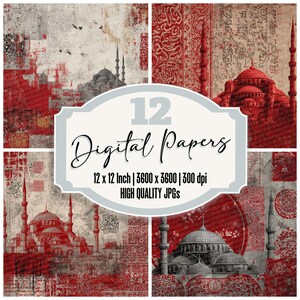 May include: A digital paper set featuring four panels with red and gray mosque illustrations. The panels are arranged in a square, with the text "12 Digital Papers" and product details in the center. Each paper is 12 x 12 inches.