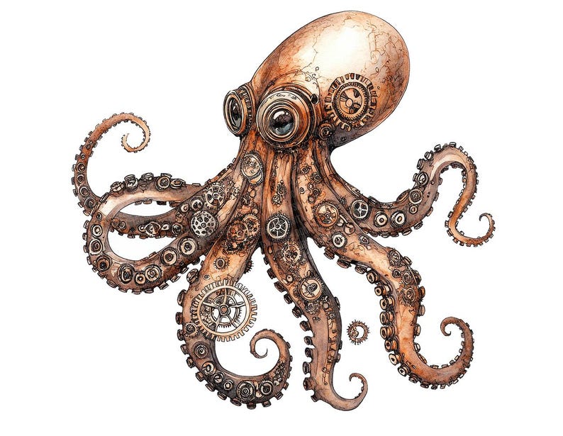 Steampunk Octopus PNG-clipart, 12 x mechanische Kraken-illustraties, afdrukbare aquarel koppotigen illustratie, Paper Crafts, digitale download afbeelding 8