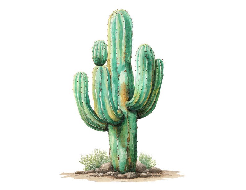 May include: Watercolor illustration of a saguaro cactus. The cactus is a vibrant green with yellow accents, and is surrounded by small rocks and desert plants. The image is set against a white background.