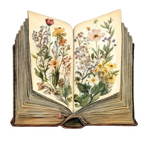 Fleurs pressées PNG Clipart, 12 x livre ouvert botanique Clip Art ensemble, clipart aquarelle imprimable, créations en papier, lot de journaux indésirables