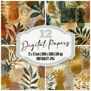 Könnte beinhalten: Eine Sammlung von 12 digitalen Papieren mit Ananas- und Blattmustern in Gold-, Grün- und Brauntönen. Die Papiere sind 30,48 cm x 30,48 cm groß und haben eine Auflösung von 300 dpi. Der Text auf dem Bild lautet "Digital Papers".