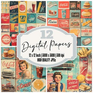 12x Retro Vintage Ads Junk Journal Paper, 1950s Digital Paper Pack, Diner Ephemera Backgrounds,Mid-Century Scrapbook Texture,Printable Paper