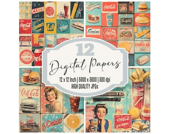 12x Retro Vintage Ads Junk Journal Paper, 1950s Digital Paper Pack, Diner Ephemera Backgrounds,Mid-Century Scrapbook Texture,Printable Paper
